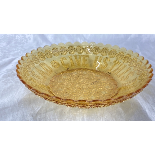 111 - Amber glass bread plate with raised floral patterns and 