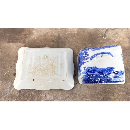 115 - vintage English porcelain cheese keeper, with a blue and white pastoral scene.