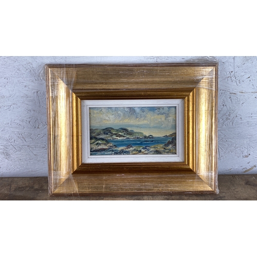 116 - Oil on canvas seascape painting in a gold and white wooden frame, featuring an impressionist depicti... 