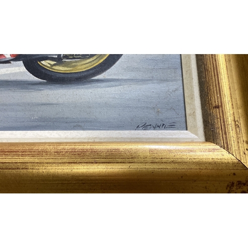 86 - Oil painting of a motorcyclist Tom Herron, signed by artist 'Penne' beneath the frame. Framed in a g... 