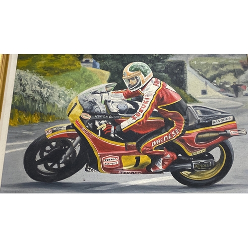 86 - Oil painting of a motorcyclist Tom Herron, signed by artist 'Penne' beneath the frame. Framed in a g... 