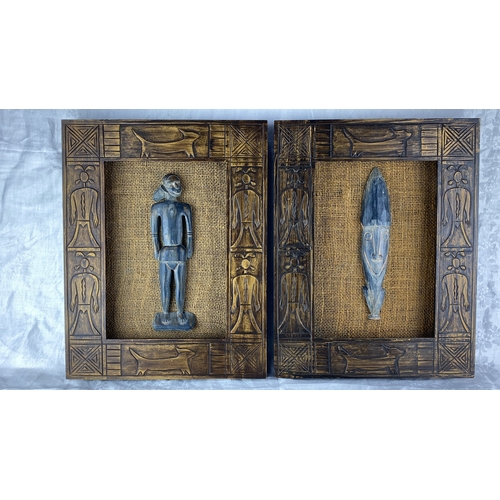 91 - Hand-carved wooden masks and figurines, set in a rustic burlap-backed frame with etched animal motif... 