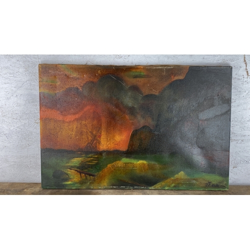 131 - Oil painting on canvas depicts a dramatic sunset over a coastal landscape, signed 