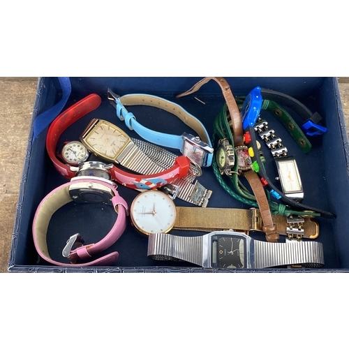 117 - Collection of assorted wristwatches in a blue, crocodile-pattern leatherette box with interior mirro... 