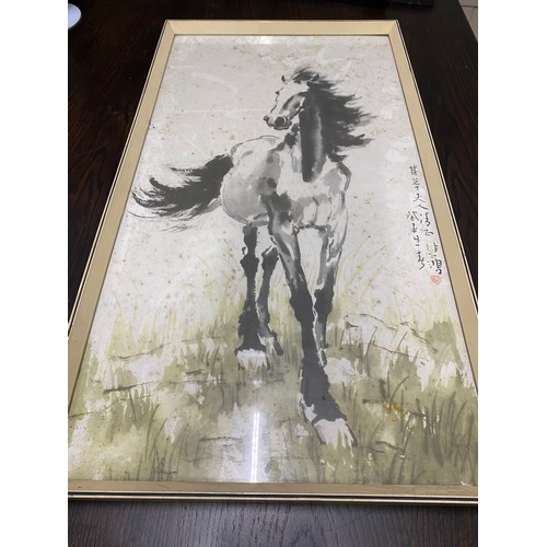 79 - Vintage oriental framed watercolour of a horse, signed.