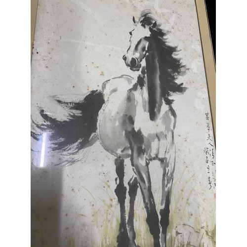 79 - Vintage oriental framed watercolour of a horse, signed.