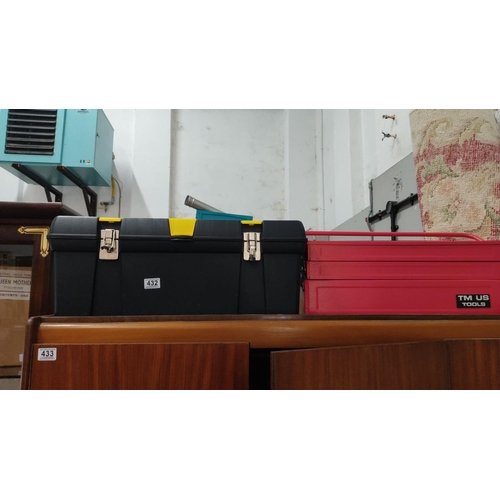 432 - Mixed lot of two toolboxes: a black and yellow plastic toolbox with assorted tools and a red metal T... 