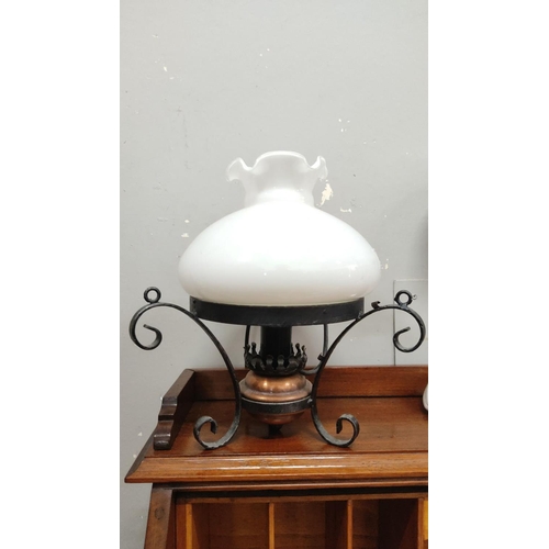 435 - Vintage electric table lamp with wrought iron frame, copper base, and frosted glass shade. Classic d... 