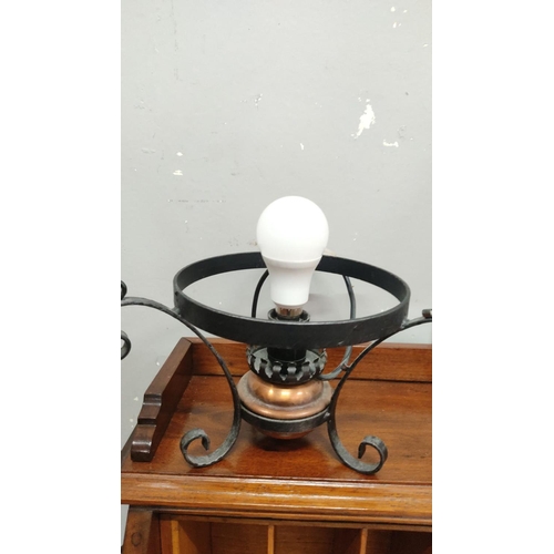 435 - Vintage electric table lamp with wrought iron frame, copper base, and frosted glass shade. Classic d... 