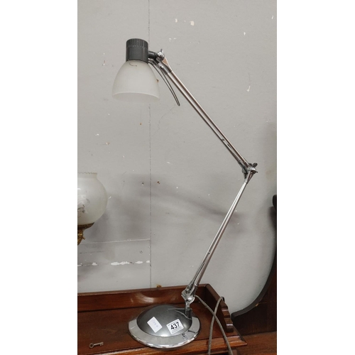 437 - Adjustable chrome desk lamp with frosted glass shade.