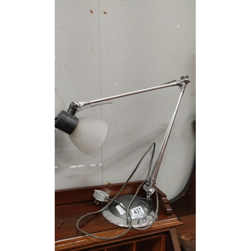 437 - Adjustable chrome desk lamp with frosted glass shade.