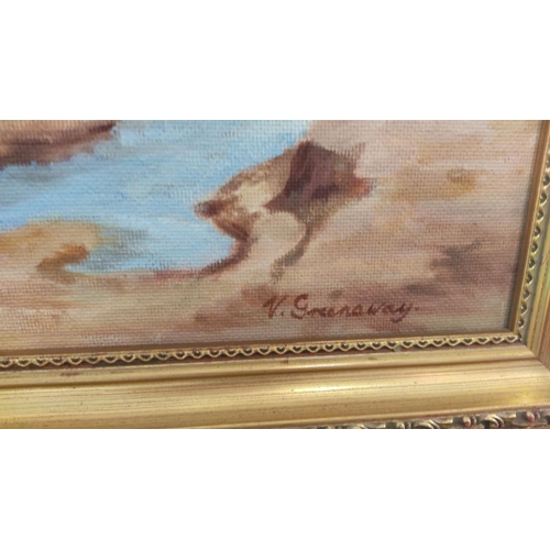 450 - A pair of framed oil paintings depict landscapes, signed by artist V. Granakey.