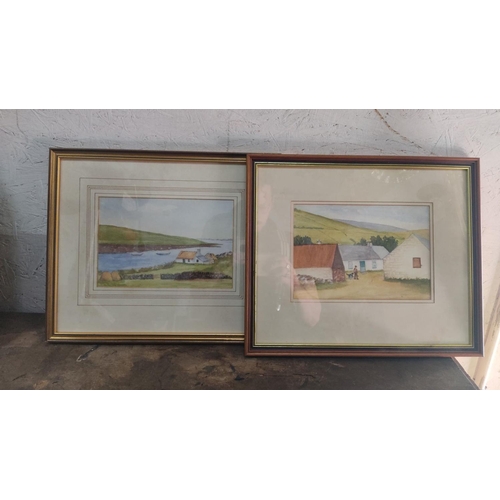 451 - Pair of framed watercolor paintings depict serene countryside landscapes with homes and water bodies... 