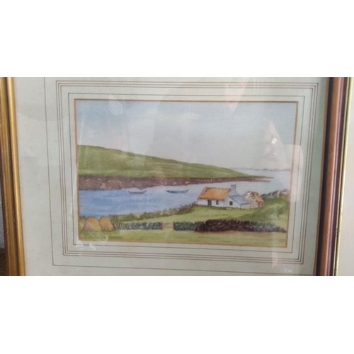 451 - Pair of framed watercolor paintings depict serene countryside landscapes with homes and water bodies... 