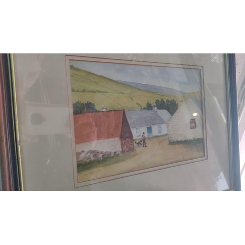 451 - Pair of framed watercolor paintings depict serene countryside landscapes with homes and water bodies... 