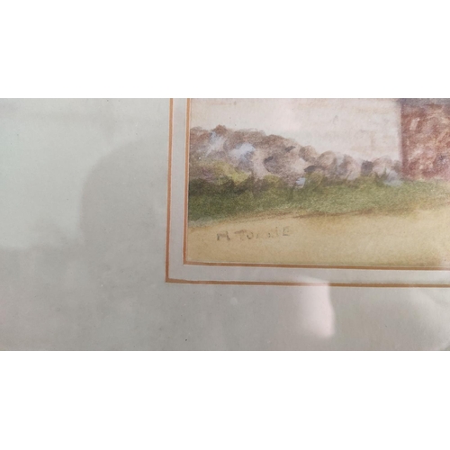 451 - Pair of framed watercolor paintings depict serene countryside landscapes with homes and water bodies... 