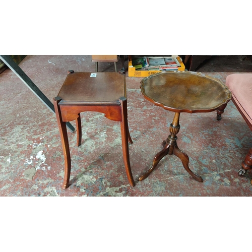 455 - Two vintage wooden side tables; one has a rectangular top and cabriole legs, the other has a scallop... 