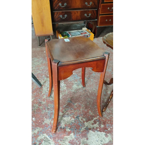 455 - Two vintage wooden side tables; one has a rectangular top and cabriole legs, the other has a scallop... 