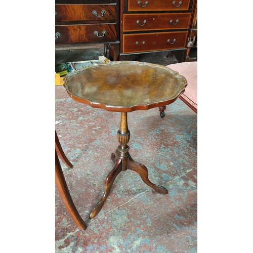 455 - Two vintage wooden side tables; one has a rectangular top and cabriole legs, the other has a scallop... 