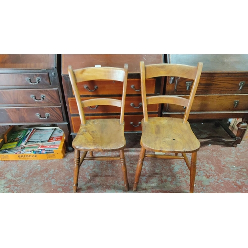 458 - Pair of Mid-Century Rustic Oak Ladderback Chairs with Turned Legs.