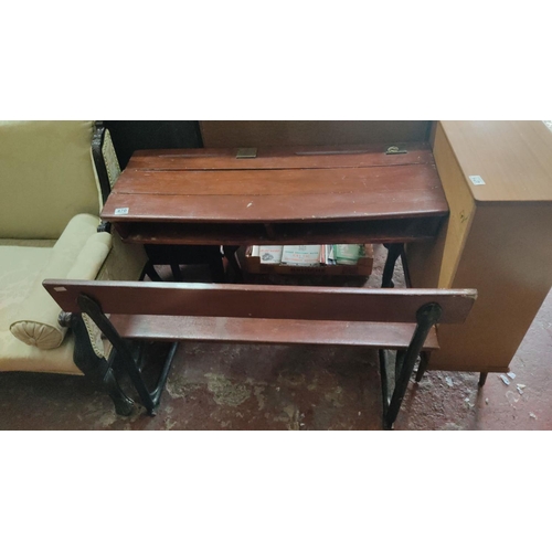 470 - Vintage wooden school desk and bench, featuring a hinged lid with internal storage.