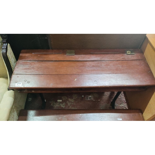 470 - Vintage wooden school desk and bench, featuring a hinged lid with internal storage.