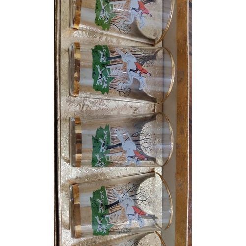 430 - Set of six white-handled knives in original box, accompanied by a boxed set of five drinking glasses... 