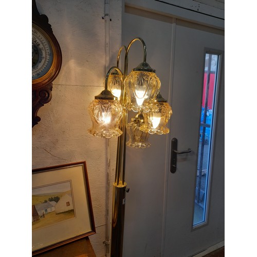 452 - Vintage brass floor lamp with five glass tulip-shaped shades.