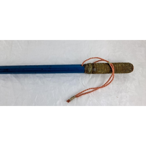 28 - Vintage blue wooden gaff with a robust metal hook and hand-woven grip.