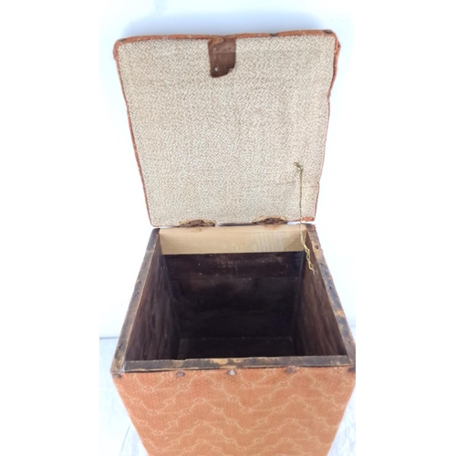 31 - Vintage wooden butter box with fabric upholstery and nailhead trim. Hinged lid reveals spacious inte... 