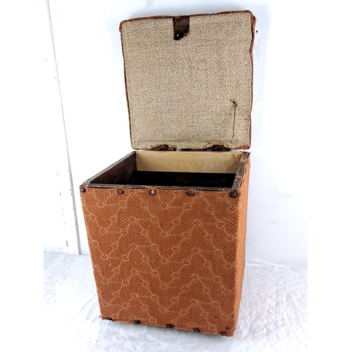 31 - Vintage wooden butter box with fabric upholstery and nailhead trim. Hinged lid reveals spacious inte... 