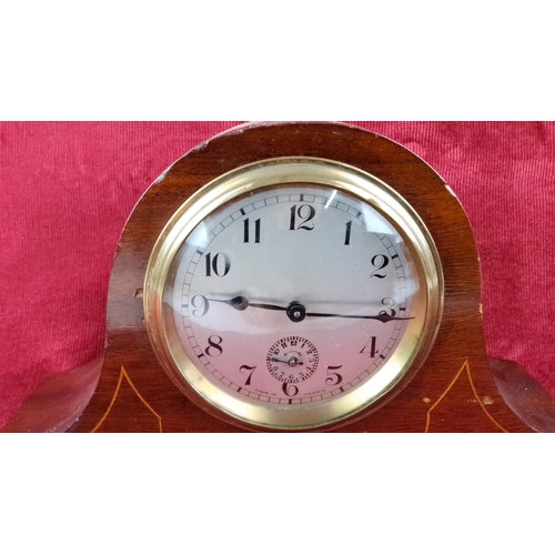 59 - French mantel clock, mahogany case with inlay, brass bezel, white dial, made in France, from the ear... 