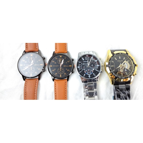 6 - Set of four wristwatches including Geneva, ENEVA, and ORUSS models. Three watches have leather strap... 