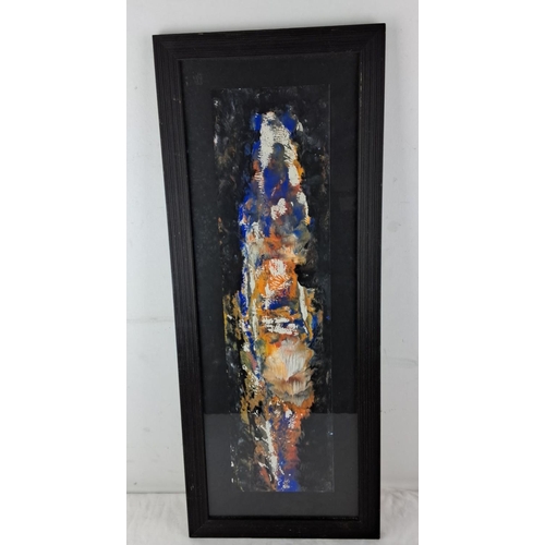 66 - Abstract painting in a black frame featuring vibrant splashes of blue, orange, and white on a dark b... 