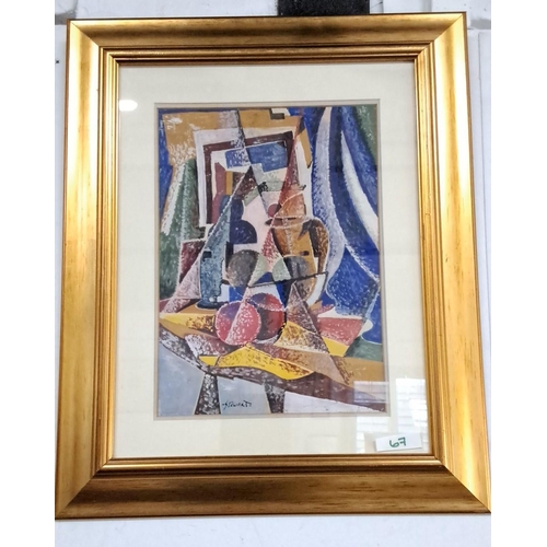 67 - Watercolor painting by artist Stewart showcases an abstract cubist style. It is framed in a gold woo... 