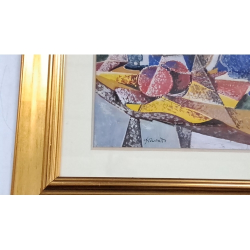 67 - Watercolor painting by artist Stewart showcases an abstract cubist style. It is framed in a gold woo... 