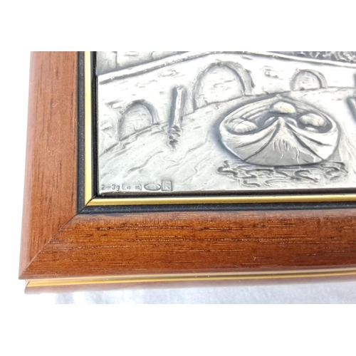 7 - Boggiali silver relief box depicting a scenic village with bridge and boat, framed in polished wood.... 