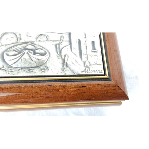 7 - Boggiali silver relief box depicting a scenic village with bridge and boat, framed in polished wood.... 