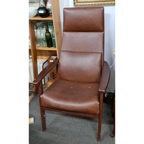 71 - Mid-Century Parker Knoll brown leather with wooden armrests and frame.