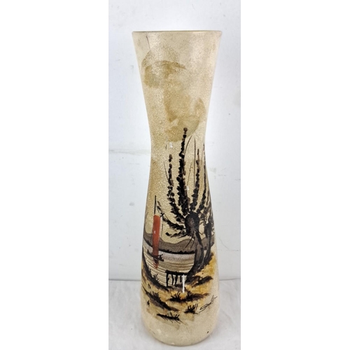 74 - Hand-painted ceramic vase adorned with a boat and foliage motif. Mid-century modern style with earth... 