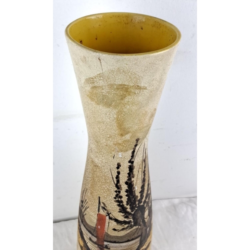 74 - Hand-painted ceramic vase adorned with a boat and foliage motif. Mid-century modern style with earth... 