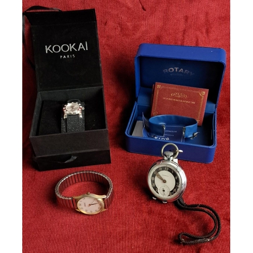 85 - 3 watches: a Kookai Paris wristwatch in original box,, an OMAC wristwatch, and an Ingersoll pocket w... 