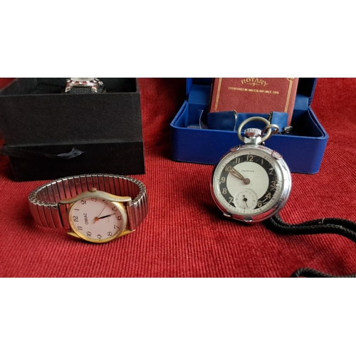 85 - 3 watches: a Kookai Paris wristwatch in original box,, an OMAC wristwatch, and an Ingersoll pocket w... 