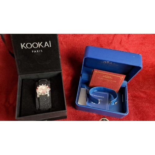 85 - 3 watches: a Kookai Paris wristwatch in original box,, an OMAC wristwatch, and an Ingersoll pocket w... 