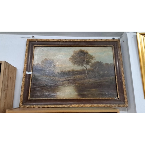 93 - Oil painting depicts a serene river landscape with trees, set in an ornate wooden frame. Period unkn... 