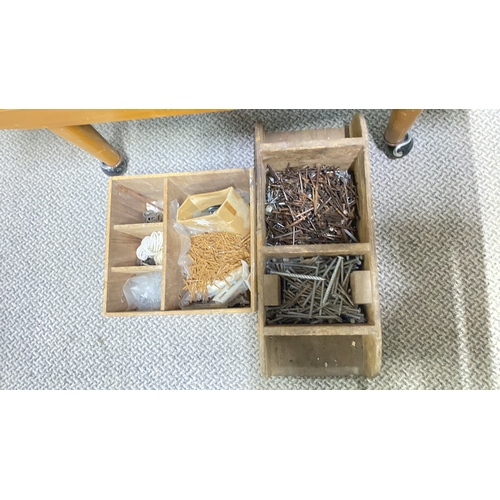 459 - Mixed lot of hardware, including nails, screws, rope, and additional components in vintage wooden di... 