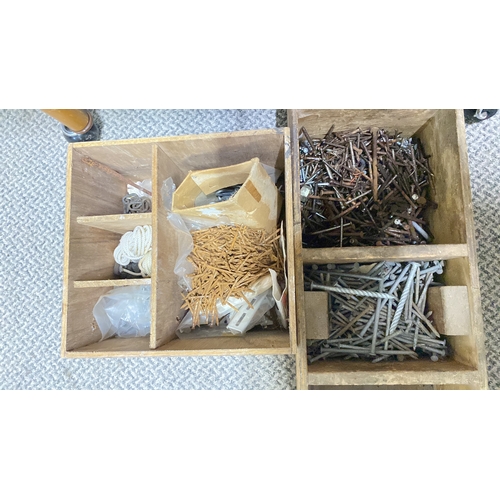 459 - Mixed lot of hardware, including nails, screws, rope, and additional components in vintage wooden di... 