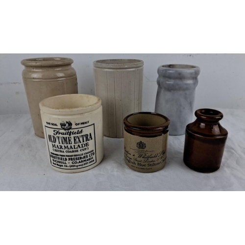 102 - Set of six vintage ceramic jars of varying sizes, including a labeled Fruitfield marmalade jar and a... 