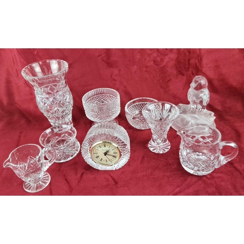 108 - Collection of ten cut glass decorative pieces including vases, bowls, pitchers, and a clock, detaile... 