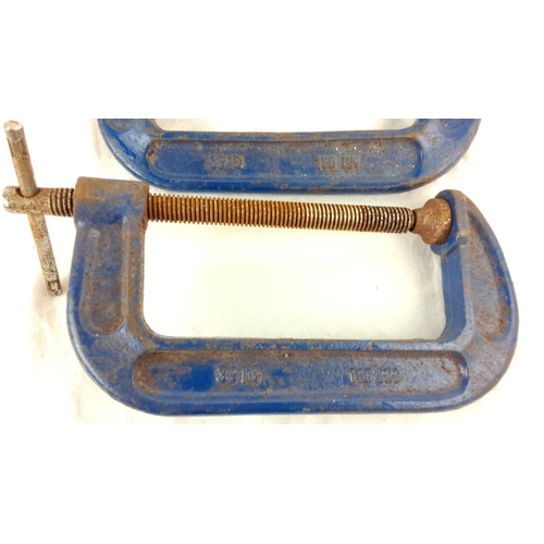 115 - Pair of blue cast iron G-clamps, models 3115 and 39115, with adjustable threaded screws.